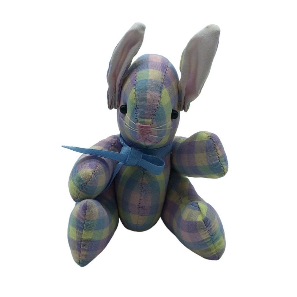 Vintage Enesco 1985 Plaid Pastel Easter Holiday Bunny Rabbit Plush Animal 6"x3"